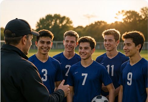 A coach talking to a football squad at sunset