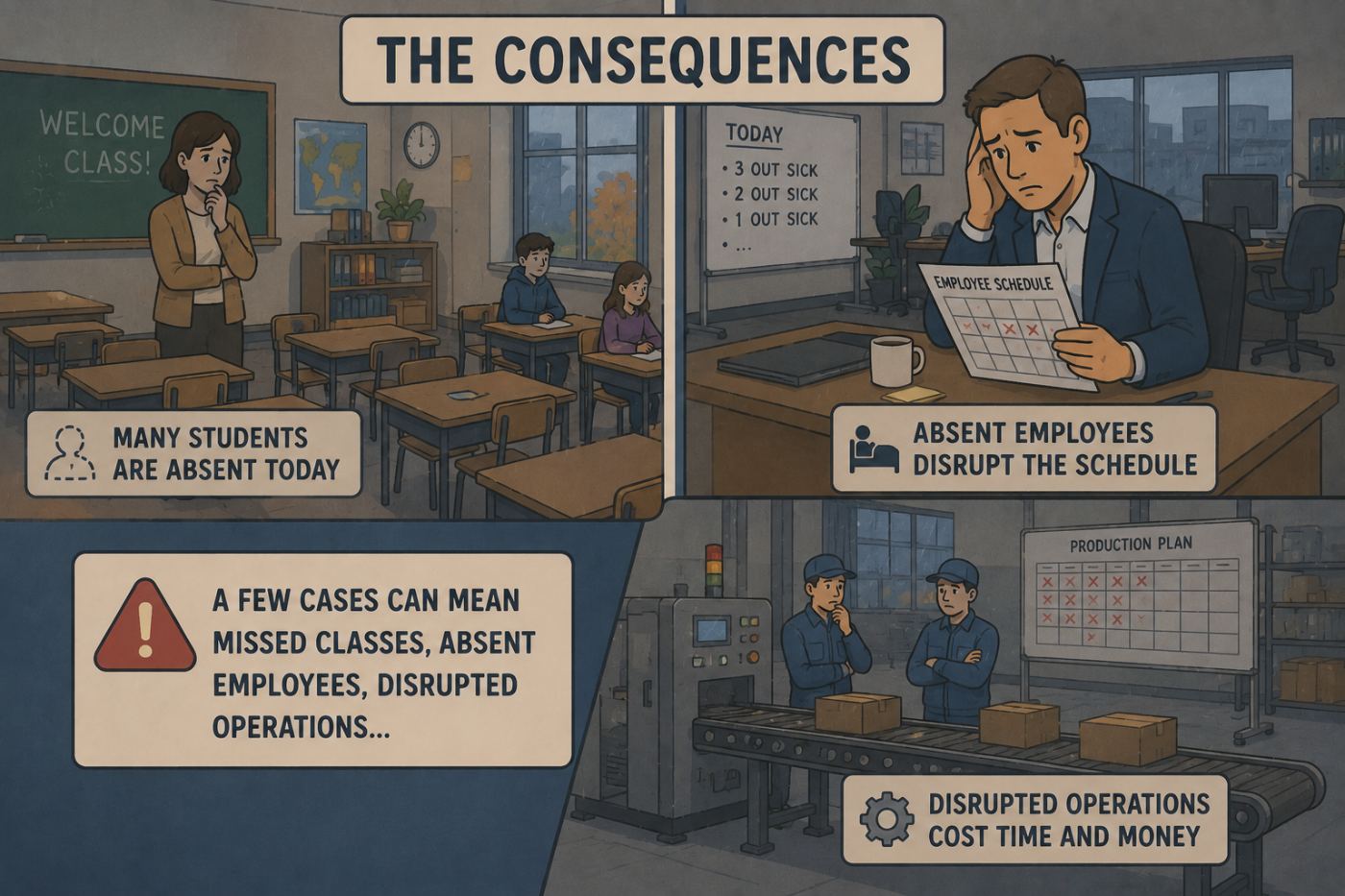 Empty classroom desks and a disrupted staff schedule