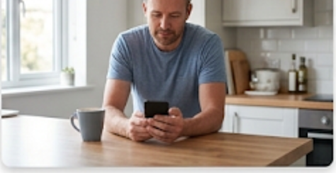 A man at his kitchen table in the morning with a phone