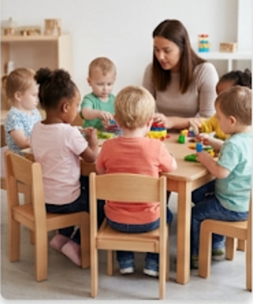 Toddlers and a carer at a low table in a nursery playroom