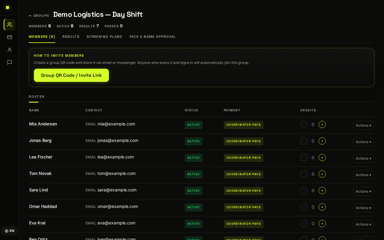 Coordinator panel showing the member list of a demo group with invented names and statuses