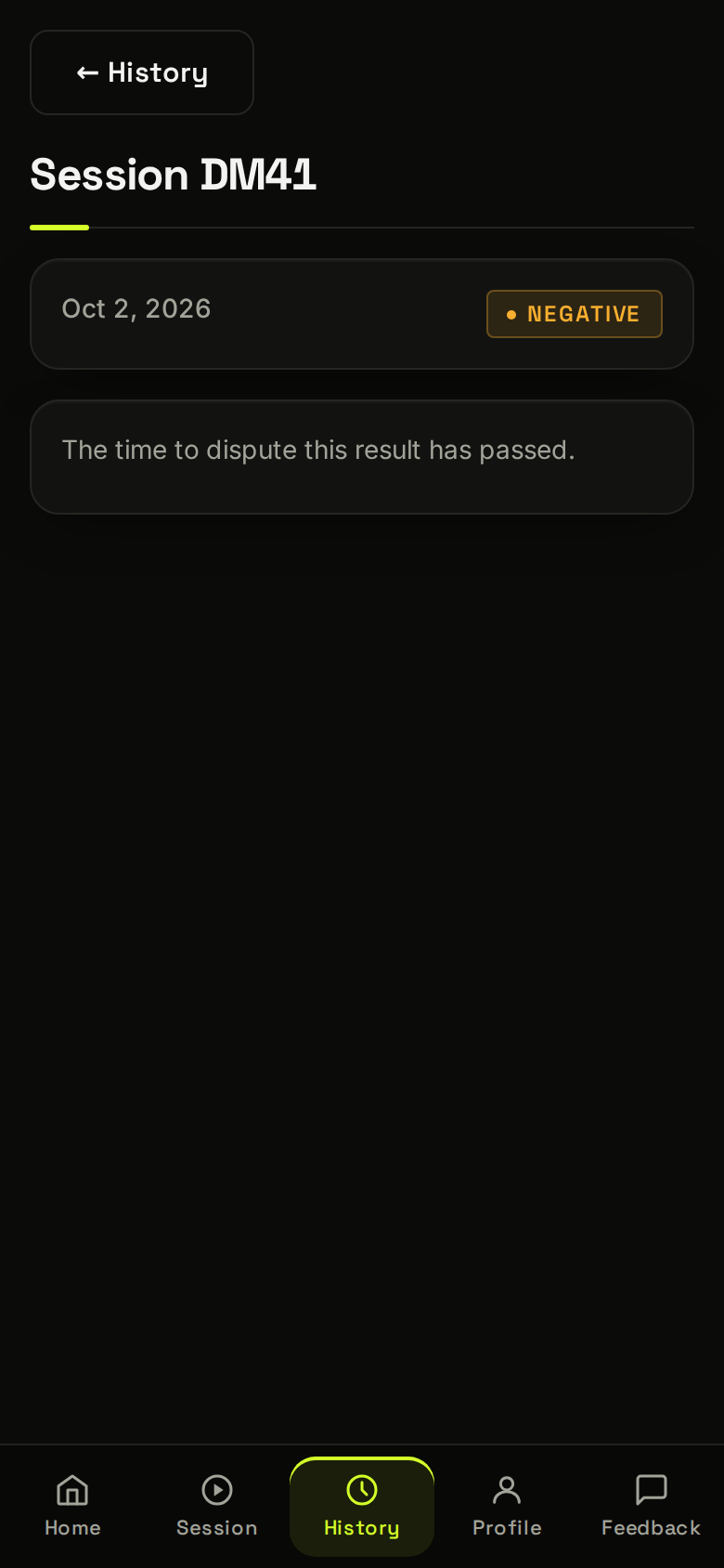 Phone screen showing a demo screening result with only the date, code and result