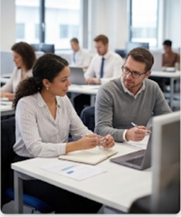 Two colleagues talking at a desk in an open-plan office